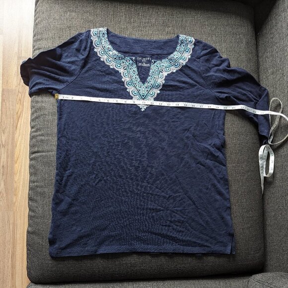 Talbots Navy Embroidered Split Neck Tee - 100% Cotton - Picture 6 of 10